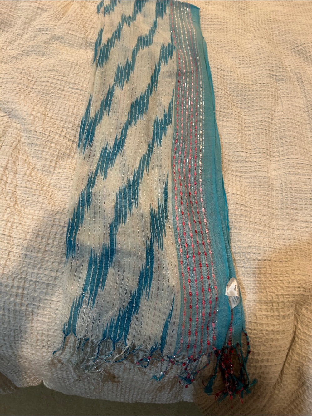 Lightweight Teal and Cream Patterned Scarf